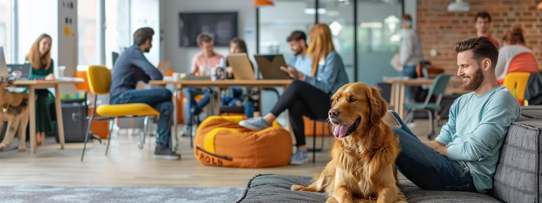 a vibrant office environment buzzing with energy showcases a diverse group of employees engaging enthusiastically around a playful golden retriever and a fluffy goldendoodle, emphasizing the excitement and benefits of a dog-friendly workplace.