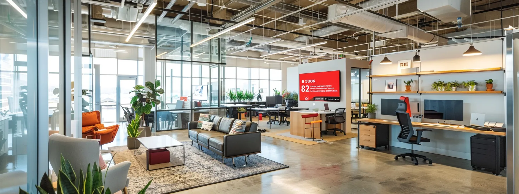 a vibrant office environment showcases a large digital screen displaying glowing customer reviews, symbolizing the power of effective seo reputation management in building trust and enhancing online presence.