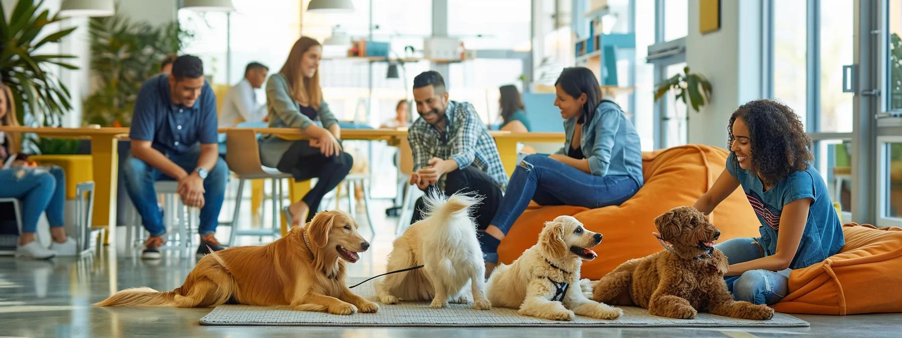 a vibrant office scene features diverse employees joyfully interacting with a playful group of doodles and retrievers, creating an atmosphere of inclusivity and excitement in preparation for dog day.