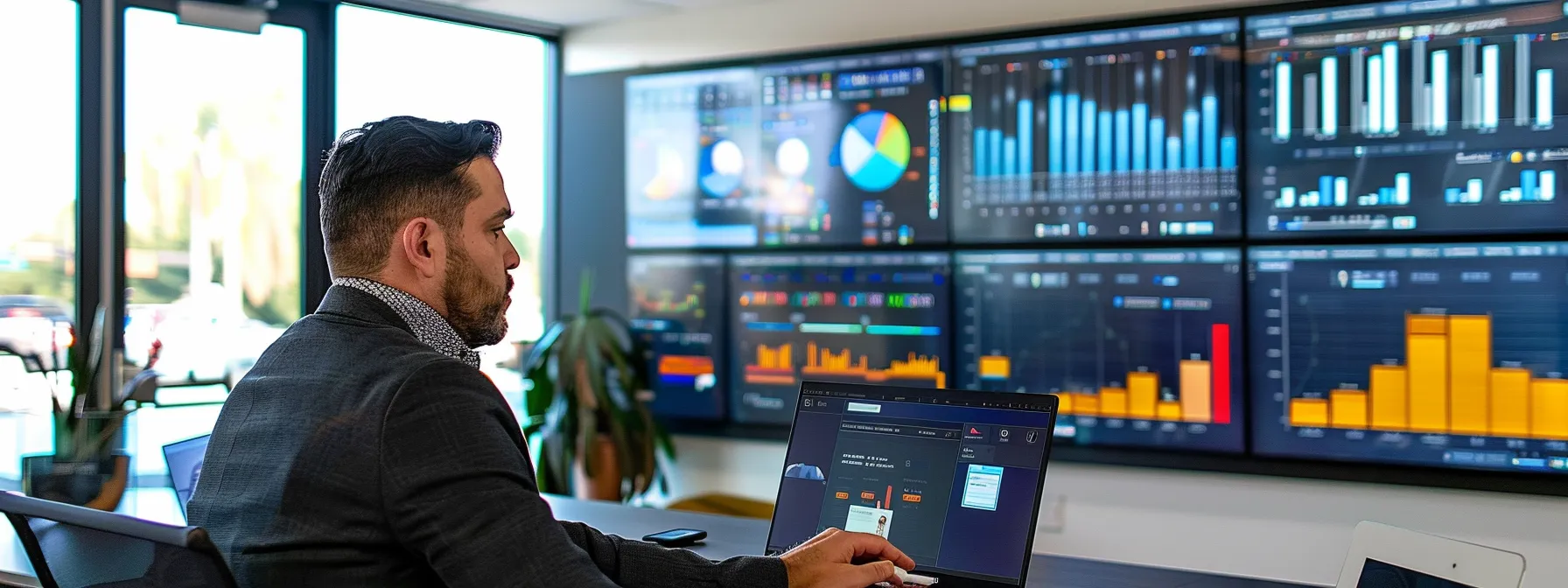 a vibrant office setting features a businessman at a sleek desk, intently reviewing analytics on a laptop, surrounded by visual representations of digital marketing strategies and a large screen displaying a well-optimized google my business listing, emphasizing growth and online engagement.
