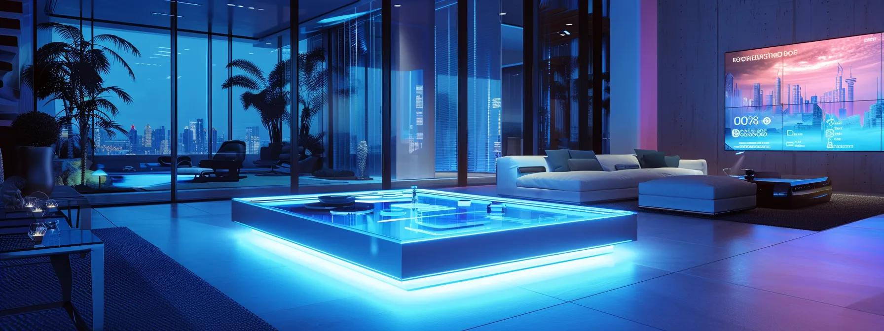 a vibrant office setting showcases a sleek table with an illuminated, high-tech display featuring a detailed infographic comparison of key nutrient categories in wet puppy food, emphasizing their benefits for puppy development.