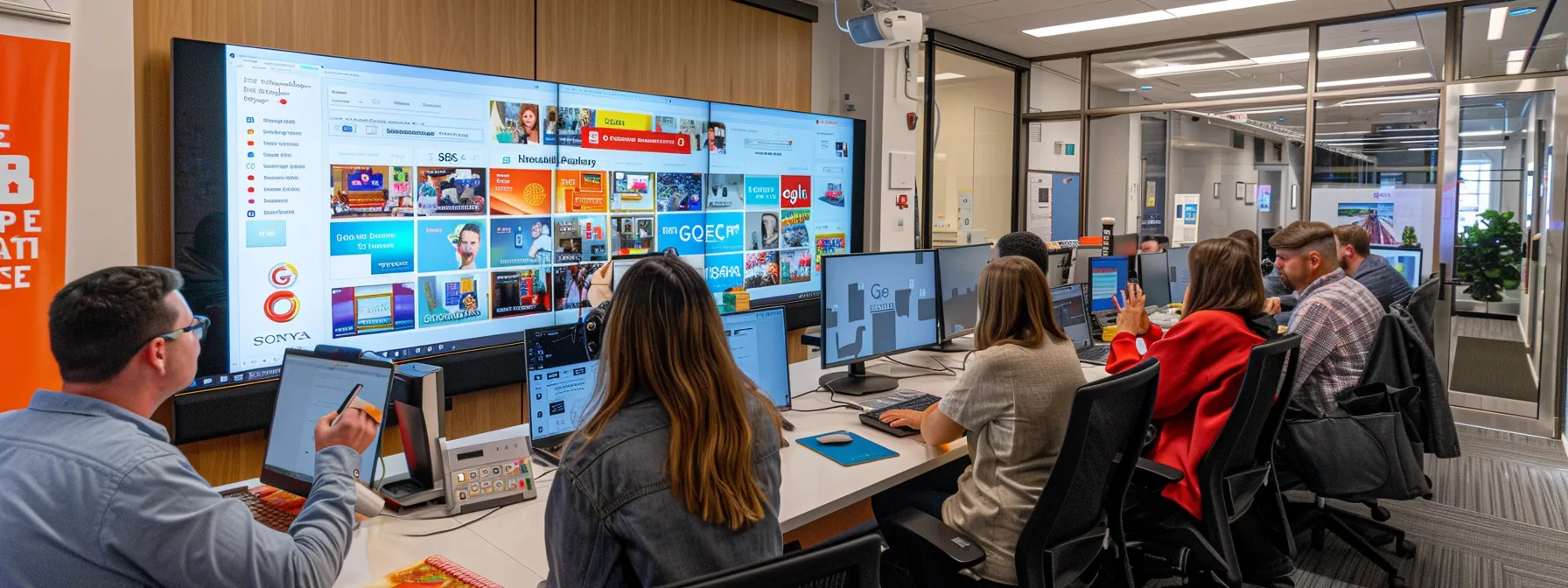 a vibrant office setting showcases a digital marketing team collaborating over a large monitor displaying eye-catching google shopping ads and dynamic display advertisements, emphasizing their strategic planning for a successful holiday ppc campaign.