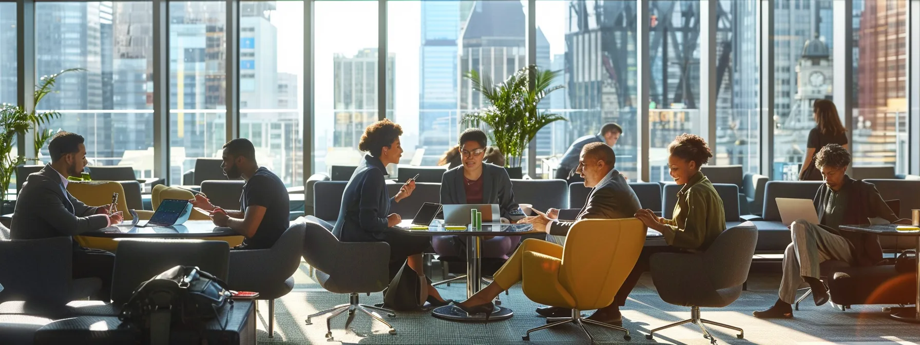 a vibrant office setting showcases a group of diverse travelers animatedly discussing their airport transfer options on sleek digital tablets, highlighting various pricing packages and making informed decisions with a backdrop of modern cityscape imagery.