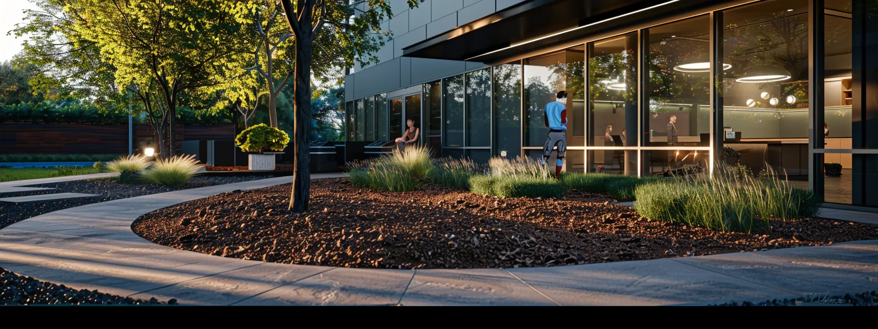 a vibrant office setting showcases a professional landscaping team discussing mulching techniques, with a visually appealing display of freshly installed mulch enhancing an elegant patio and landscape under warm, ambient lighting. a vibrant office setting showcases a professional landscaping team discussing mulching techniques, with a visually appealing display of freshly installed mulch enhancing an elegant patio and landscape under warm, ambient lighting.