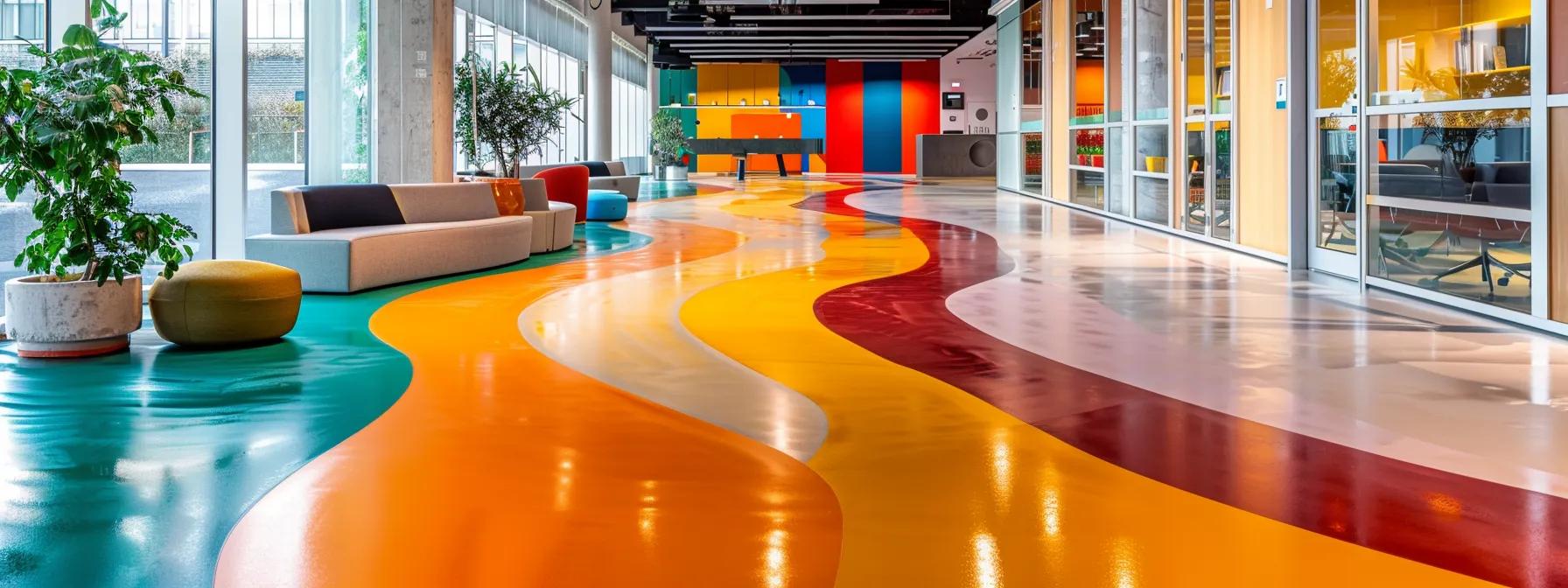 a vibrant office space showcases a stunning epoxy flooring design featuring bold colors and intricate patterns, seamlessly merging aesthetic appeal with functional durability, illuminated by bright overhead lights to emphasize its modern, custom features. a vibrant office space showcases a stunning epoxy flooring design featuring bold colors and intricate patterns, seamlessly merging aesthetic appeal with functional durability, illuminated by bright overhead lights to emphasize its modern, custom features.