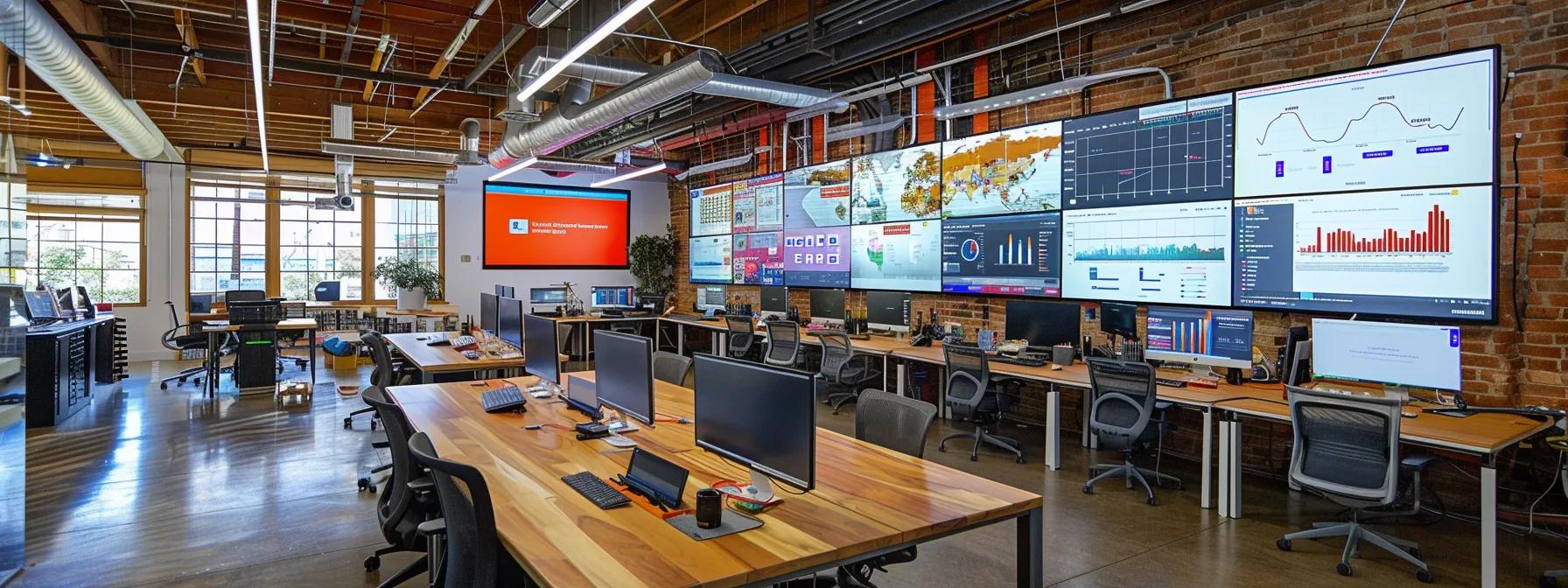 a vibrant office workspace filled with digital screens displaying analytics, social media feeds, and marketing dashboards, showcasing the dynamic interplay of components in a robust digital marketing strategy. a vibrant office workspace filled with digital screens displaying analytics, social media feeds, and marketing dashboards, showcasing the dynamic interplay of components in a robust digital marketing strategy.
