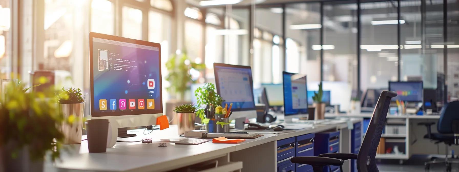 a vibrant office workspace filled with digital devices displays social media platforms on screens, illustrating a dynamic atmosphere where beginners engage in strategizing their marketing approaches.