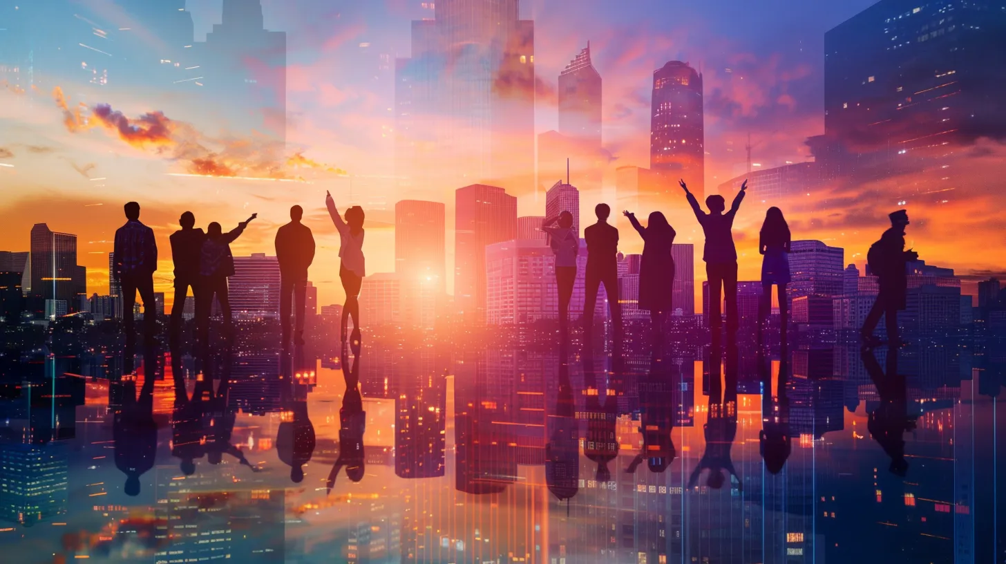 a vibrant oklahoma city skyline at sunset, symbolizing small business growth and innovation, with silhouettes of local entrepreneurs celebrating their success against a backdrop of a bustling urban landscape.