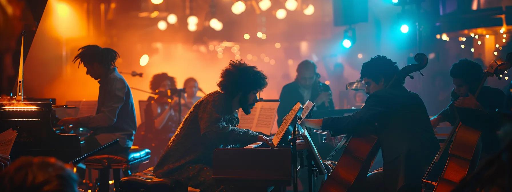 a vibrant orchestra rehearsal captures musicians deeply engaged, surrounded by colorful instruments, illuminated by warm stage lighting, exuding a strong sense of community and connection.