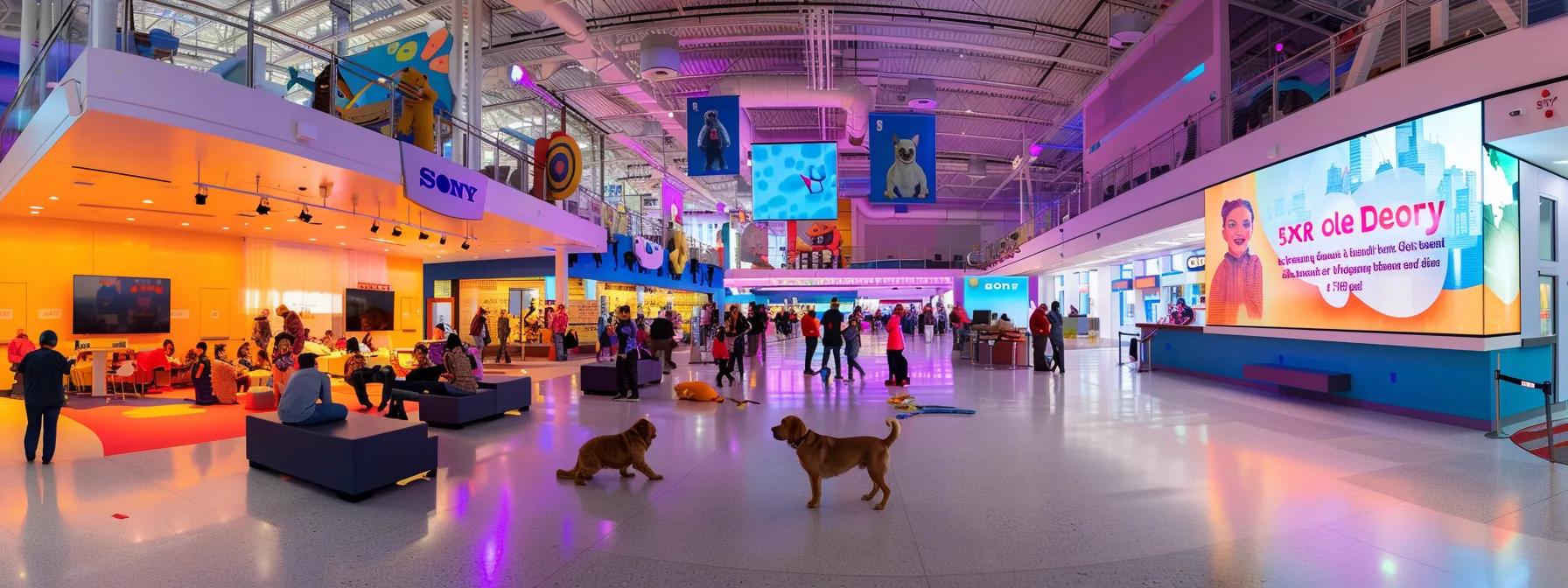 a vibrant, organized indoor event space features a large banner displaying a clear code of conduct for a dog day, with playful doodles and retrievers eagerly interacting in the foreground.