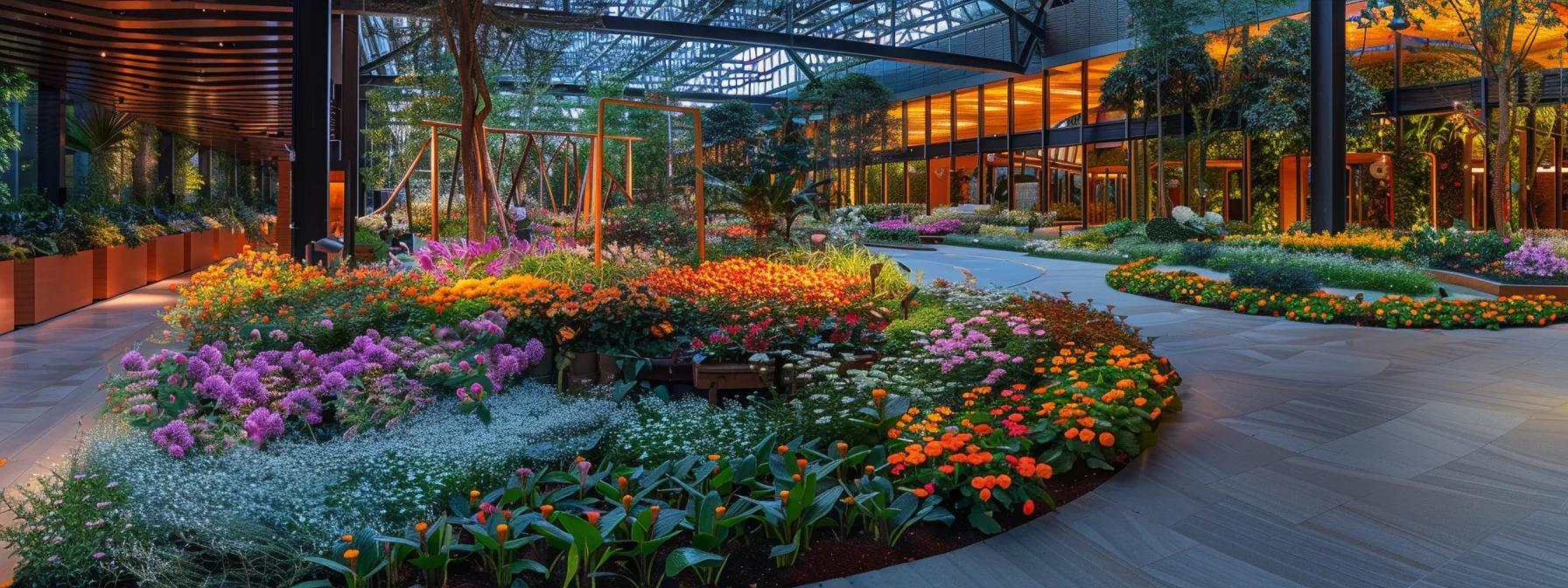 a vibrant, organized layout of meticulously arranged floral displays in a serene, indoor botanical garden, showcasing colorful native plants and seasonal blooms, illuminated by soft overhead lighting that creates a calming atmosphere for family exploration and education. a vibrant, organized layout of meticulously arranged floral displays in a serene, indoor botanical garden, showcasing colorful native plants and seasonal blooms, illuminated by soft overhead lighting that creates a calming atmosphere for family exploration and education.