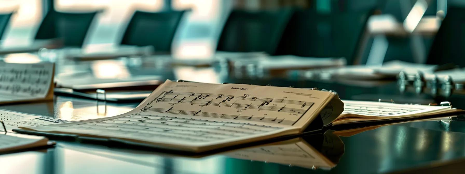 a vibrant, organized office space showcases neatly arranged choral music sheets spread across a sleek conference table, bathed in bright, focused lighting that emphasizes the intricate compositions, inviting creativity and collaboration among musicians.