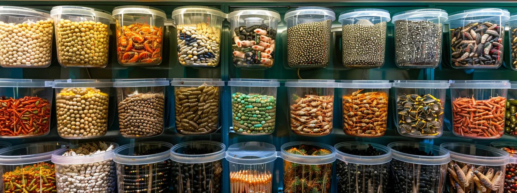 a vibrant, organized pet supply shop displays a variety of live feeder insects, including crickets, dubia roaches, and silkworms, neatly arranged in clear containers, emphasizing the rich nutritional potential for bearded dragon diets under bright, focused lighting. a vibrant, organized pet supply shop displays a variety of live feeder insects, including crickets, dubia roaches, and silkworms, neatly arranged in clear containers, emphasizing the rich nutritional potential for bearded dragon diets under bright, focused lighting.