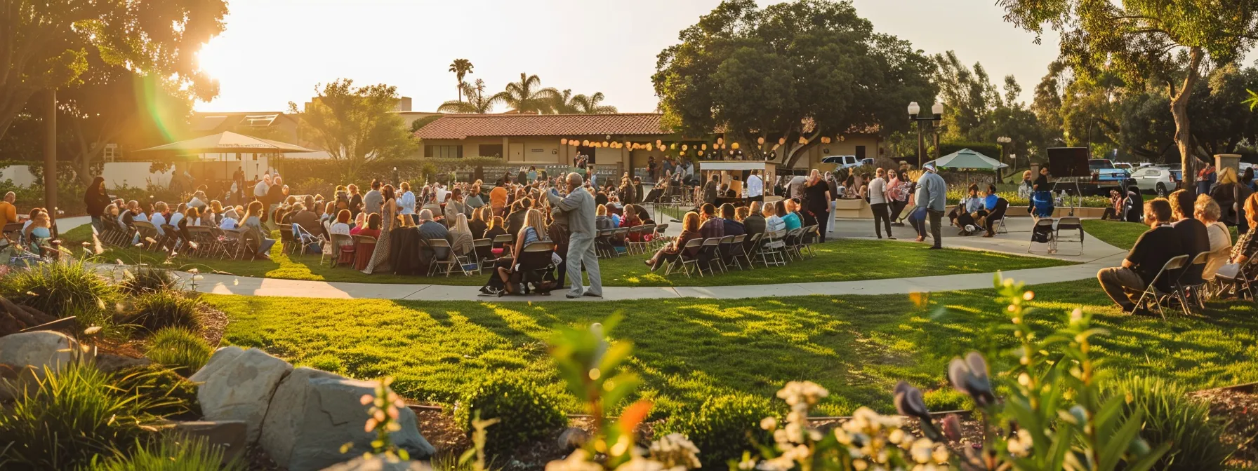 a vibrant outdoor choir recital setting, featuring a diverse group of enthusiastic attendees mingling nearby with scenic neighborhood amenities, bathed in warm sunlight, showcasing accessibility and a welcoming atmosphere. a vibrant outdoor choir recital setting, featuring a diverse group of enthusiastic attendees mingling nearby with scenic neighborhood amenities, bathed in warm sunlight, showcasing accessibility and a welcoming atmosphere.