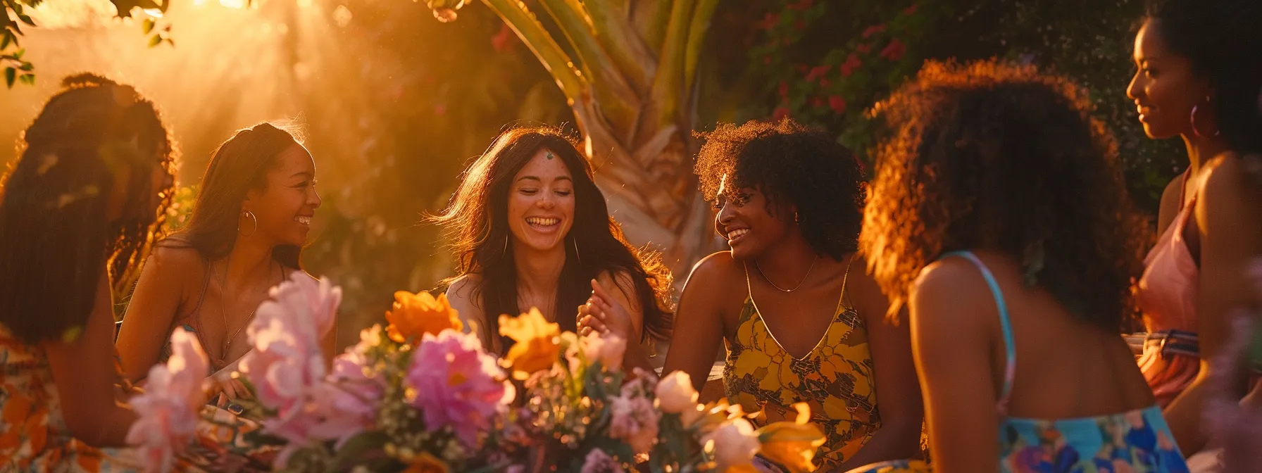 a vibrant outdoor gathering of women adorned in flowing, colorful dresses, laughing and sharing stories amidst blooming flowers under a golden sunset, capturing the essence of joy and connection in nature. a vibrant outdoor gathering of women adorned in flowing, colorful dresses, laughing and sharing stories amidst blooming flowers under a golden sunset, capturing the essence of joy and connection in nature.