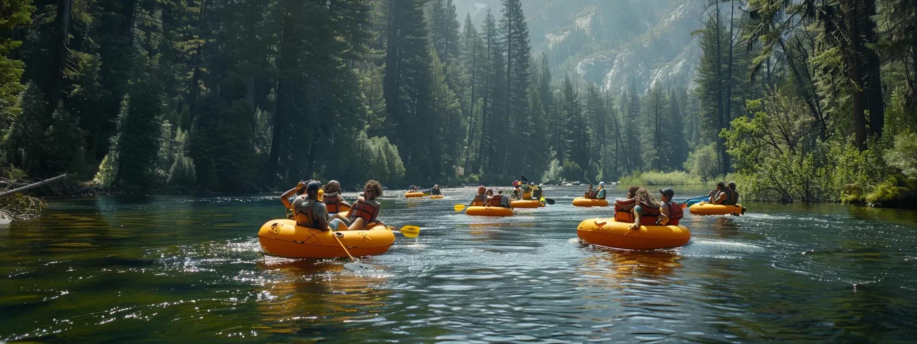 a vibrant outdoor scene showcases a group of diverse individuals enjoying a tubing adventure, fully equipped with hydration packs, sun-protective gear, and attentive guides conducting a health briefing on a bustling riverbank.