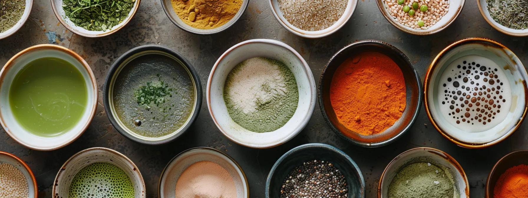 a vibrant overhead shot of assorted bowls showcasing various mushroom matcha blends, each highlighting unique hues and textures, illuminated by soft natural light to emphasize their rich, earthy tones and flavor nuances.