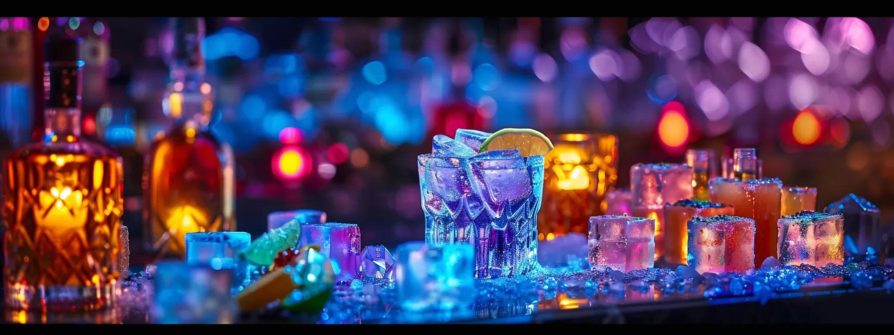 a vibrant party scene featuring elegantly arranged thc-infused spirits on ice, surrounded by an enticing selection of artisanal fudge cuts, illuminated by soft ambient lighting that enhances the lively atmosphere. a vibrant party scene featuring elegantly arranged thc-infused spirits on ice, surrounded by an enticing selection of artisanal fudge cuts, illuminated by soft ambient lighting that enhances the lively atmosphere.