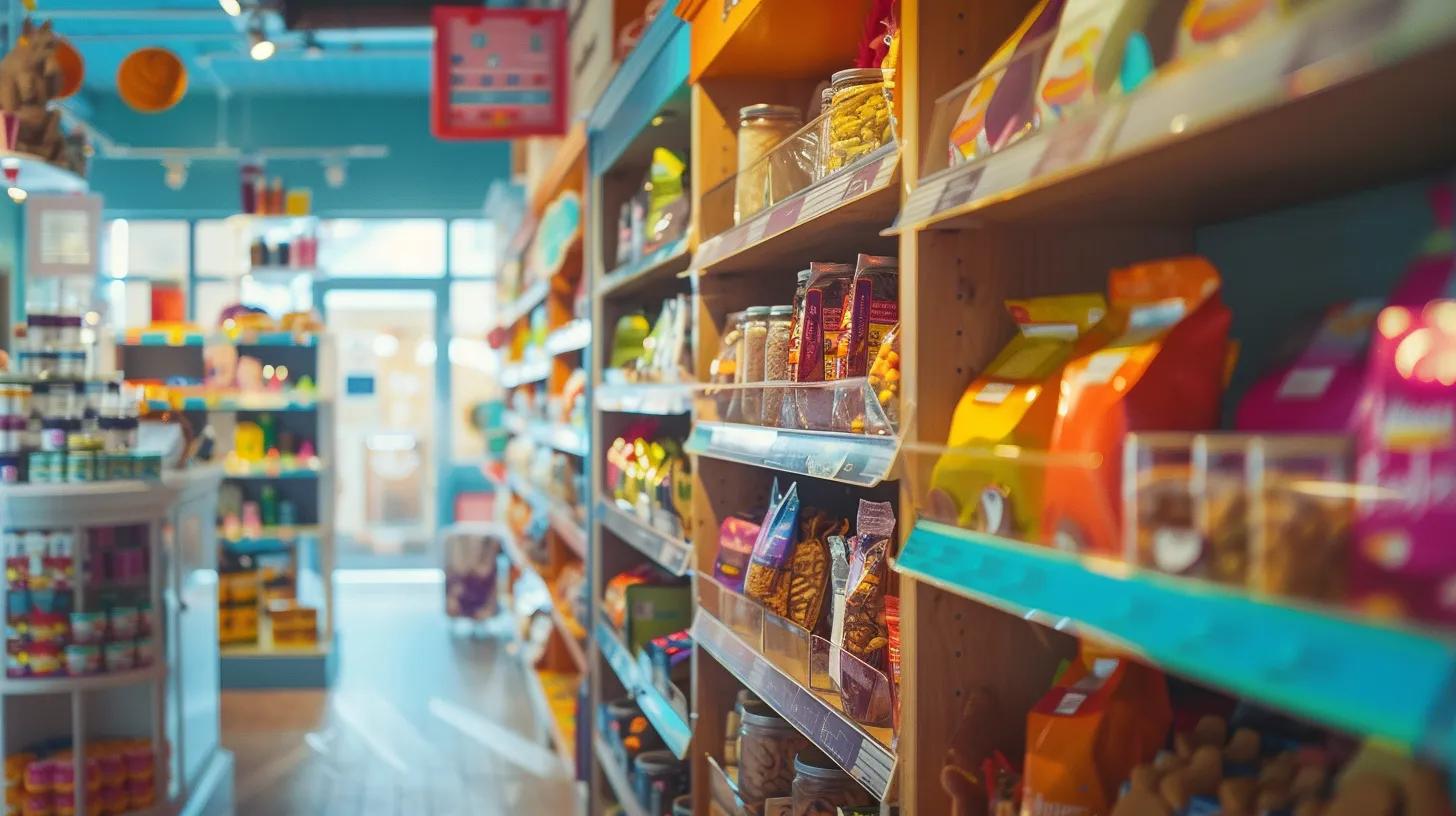 a vibrant pet shop interior showcases an elegant display of gourmet treats and chews, highlighting colorful packaging and enticing aromas, inviting pet owners to indulge their furry companions with nutritious delights.