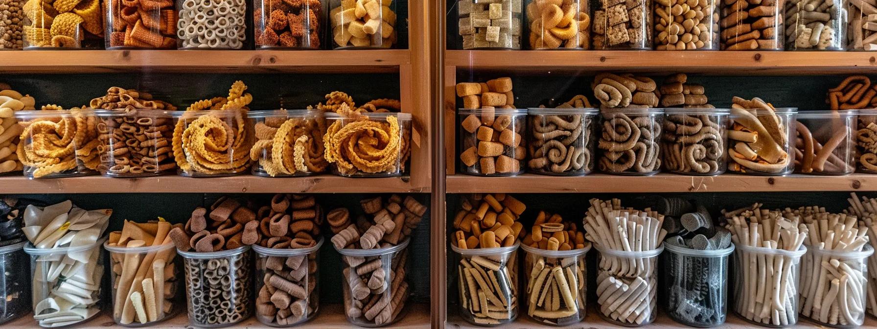 a vibrant pet store display showcases an assortment of rawhide chews in various textures and shapes—rolled, knotted, and pressed—arranged neatly on bright shelves, emphasizing their appeal to discerning dog owners. a vibrant pet store display showcases an assortment of rawhide chews in various textures and shapes—rolled, knotted, and pressed—arranged neatly on bright shelves, emphasizing their appeal to discerning dog owners.