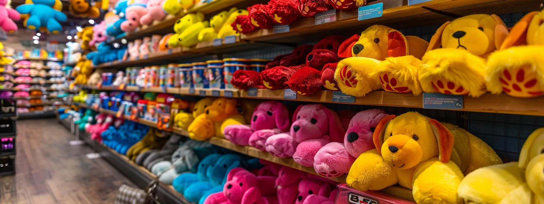 a vibrant pet store display showcases an array of durable and colorful stuffed dog toys, emphasizing their sturdy construction and engaging designs to attract playful pups and responsible pet owners. a vibrant pet store display showcases an array of durable and colorful stuffed dog toys, emphasizing their sturdy construction and engaging designs to attract playful pups and responsible pet owners.