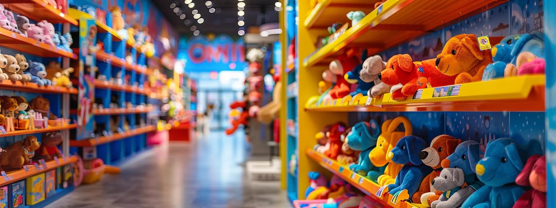 a vibrant pet store display features an array of durable stuffed dog toys, showcasing their reinforced construction and colorful designs, against a bright, modern backdrop filled with playful branding and enthusiastic puppies exploring their new favorites. a vibrant pet store display features an array of durable stuffed dog toys, showcasing their reinforced construction and colorful designs, against a bright, modern backdrop filled with playful branding and enthusiastic puppies exploring their new favorites.