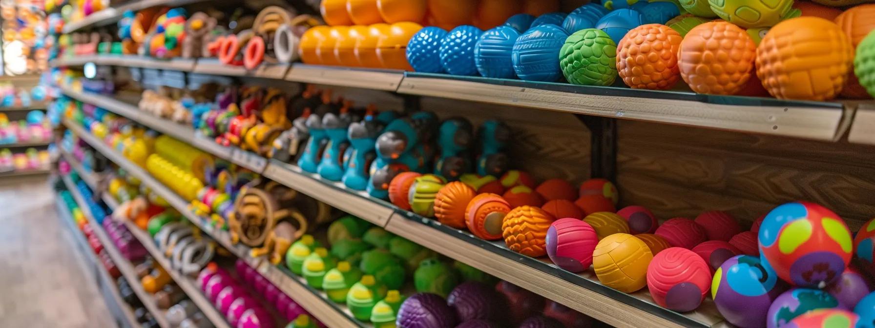 a vibrant pet store display showcases an array of durable fetch toys—nearly indestructible balls, robust flyers, and multi-textured chewables—strategically arranged on sleek shelves in an indoor setting, highlighting their engineered resilience for heavy chewers. a vibrant pet store display showcases an array of durable fetch toys—nearly indestructible balls, robust flyers, and multi-textured chewables—strategically arranged on sleek shelves in an indoor setting, highlighting their engineered resilience for heavy chewers.