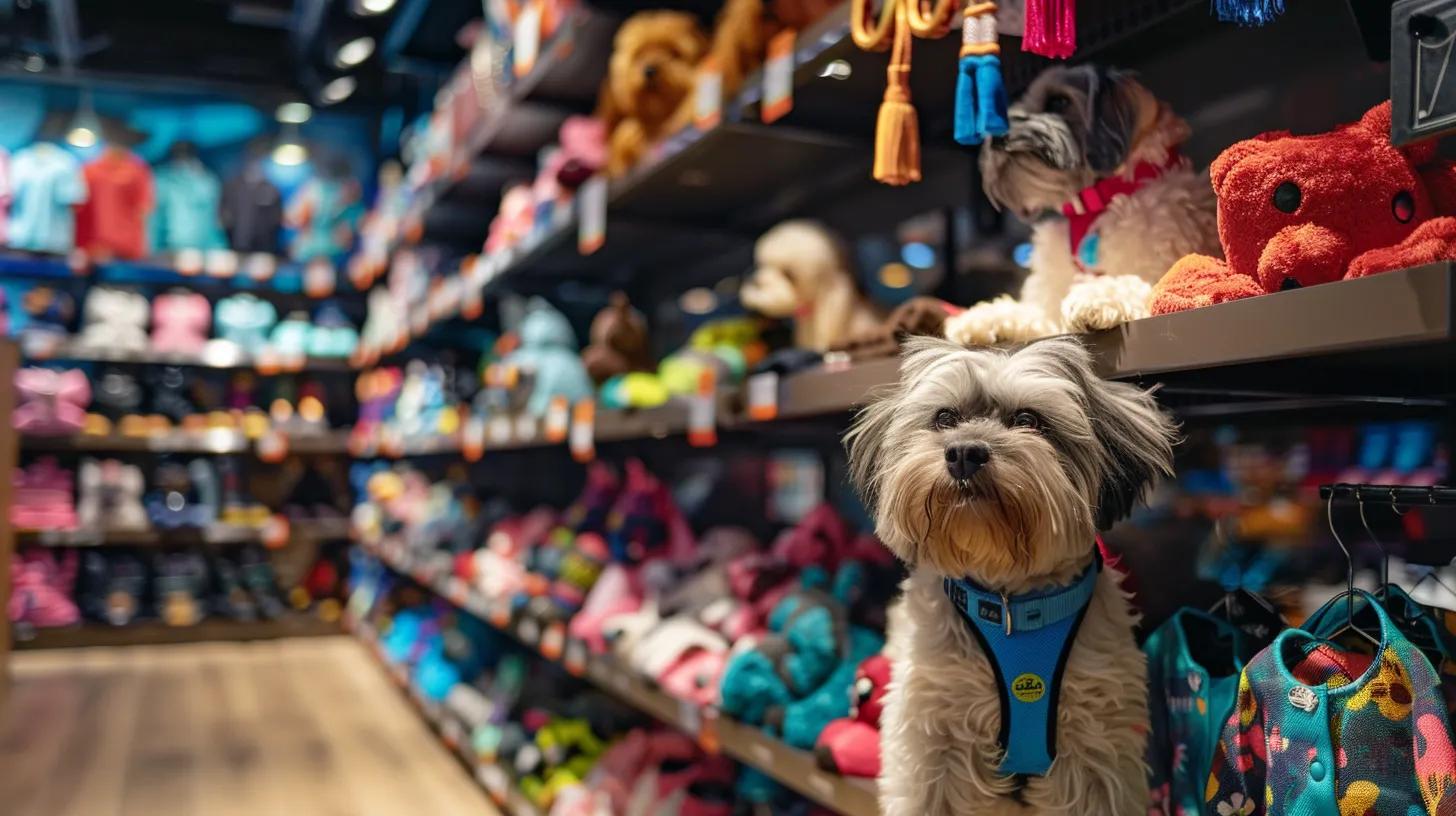 a vibrant pet store display showcases an array of brightly colored seasonal pet apparel and exclusive toys, arranged artfully on sleek modern shelving in a well-lit urban storefront, inviting pet owners to explore the latest trends.