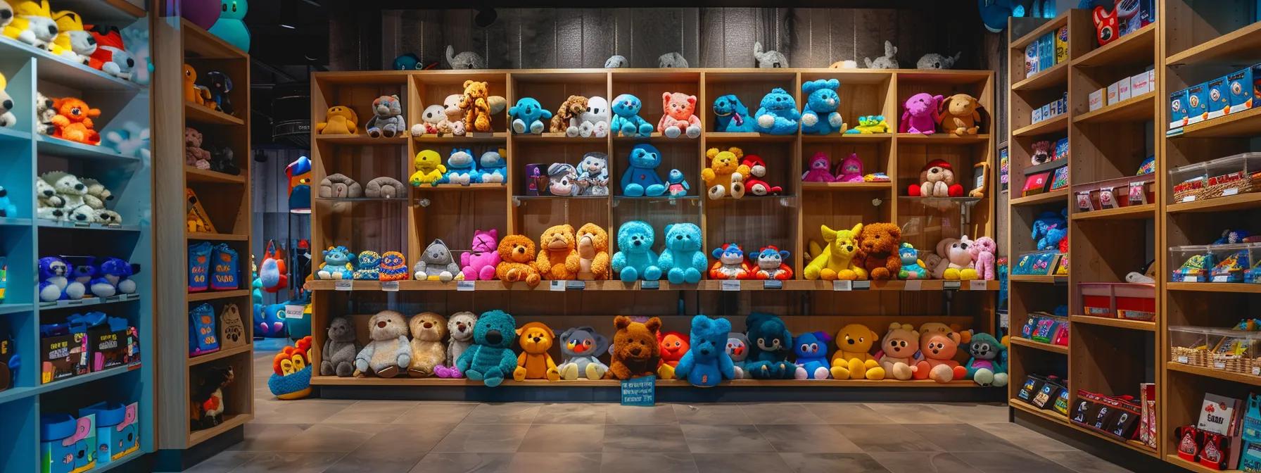 a vibrant pet store interior showcases an array of colorful and durable stuffed dog toys, meticulously arranged on sleek shelves, highlighting their unique designs and playful features against a modern, well-lit backdrop. a vibrant pet store interior showcases an array of colorful and durable stuffed dog toys, meticulously arranged on sleek shelves, highlighting their unique designs and playful features against a modern, well-lit backdrop.