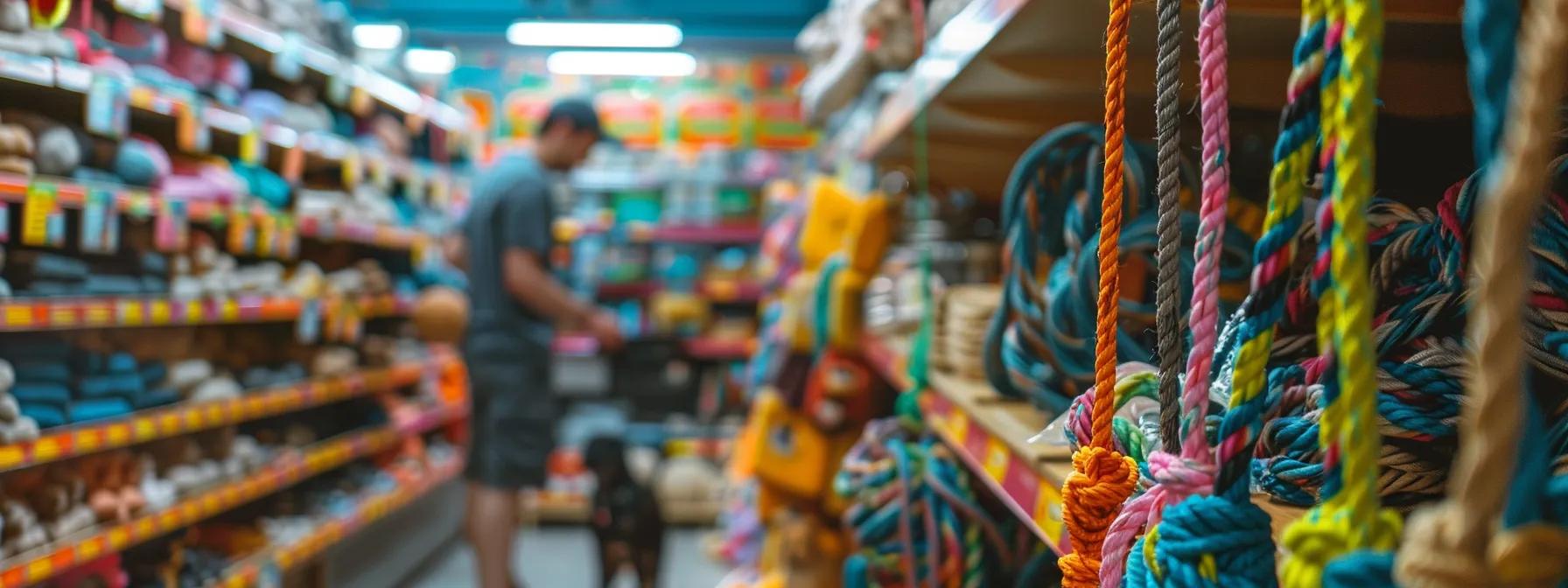 a vibrant pet store scene showcases an enthusiastic dog owner inspecting a shelf of high-quality rope toys under bright overhead lights, highlighting the importance of selecting durable products for long-lasting play.