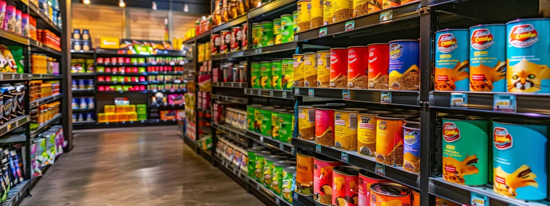 a vibrant pet supply store aisle showcases an array of colorful against the grain cat food cans, highlighting various flavor varieties with clear labels and enticing packaging, bathed in warm, inviting light. a vibrant pet supply store aisle showcases an array of colorful against the grain cat food cans, highlighting various flavor varieties with clear labels and enticing packaging, bathed in warm, inviting light.