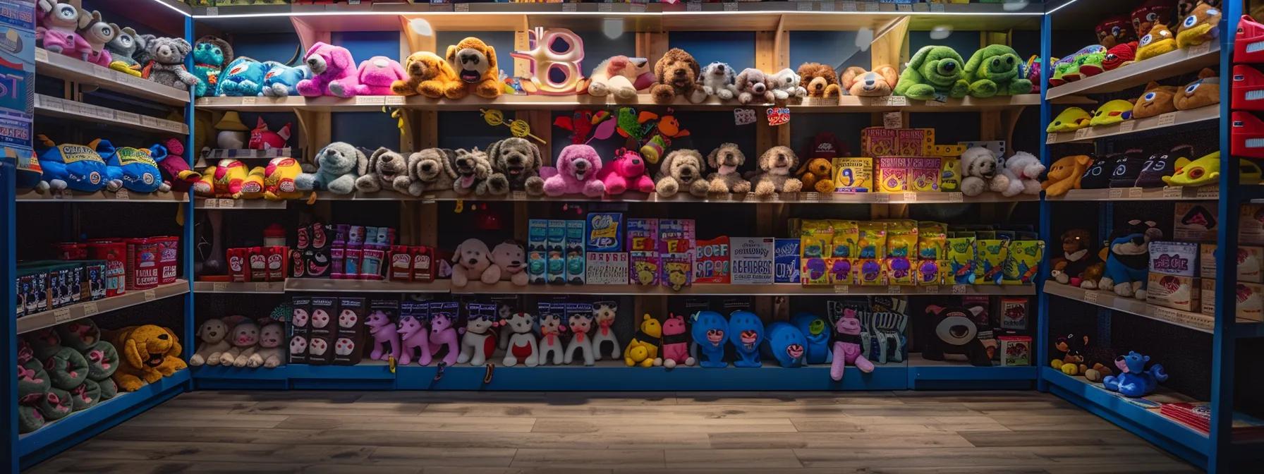 a vibrant pet supply store display showcases a variety of durable dog toys, emphasizing their sizes and materials, with an engaging backdrop of colorful packaging tailored for aggressive chewers. a vibrant pet supply store display showcases a variety of durable dog toys, emphasizing their sizes and materials, with an engaging backdrop of colorful packaging tailored for aggressive chewers.