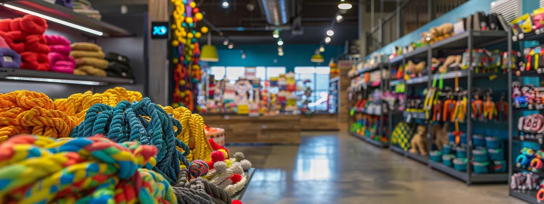a vibrant pet supply store interior showcases a neatly organized display of robust, colorful rope dog toys designed for heavy chewers, emphasizing safety and durability in a well-lit, modern retail environment.