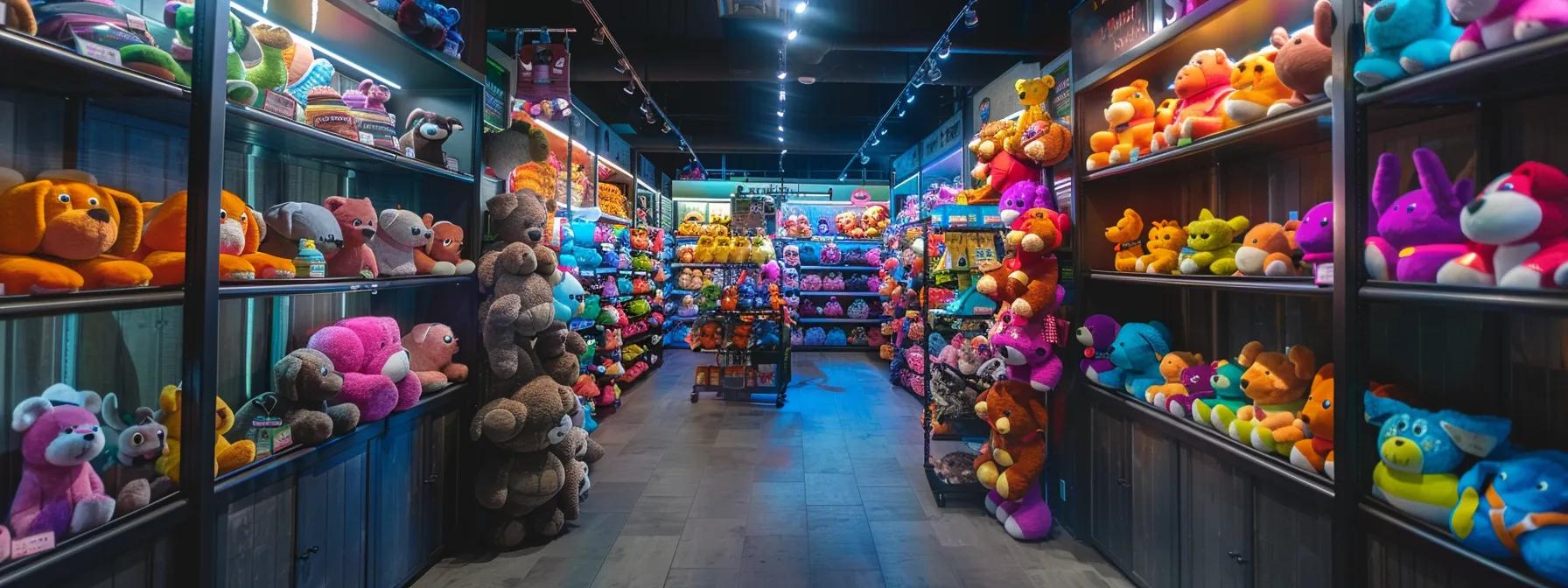 a vibrant pet supply store showcases a display of durable stuffed dog toys, featuring various textures and vibrant colors, under bright fluorescent lighting that highlights their reinforced stitching and playful designs. a vibrant pet supply store showcases a display of durable stuffed dog toys, featuring various textures and vibrant colors, under bright fluorescent lighting that highlights their reinforced stitching and playful designs.