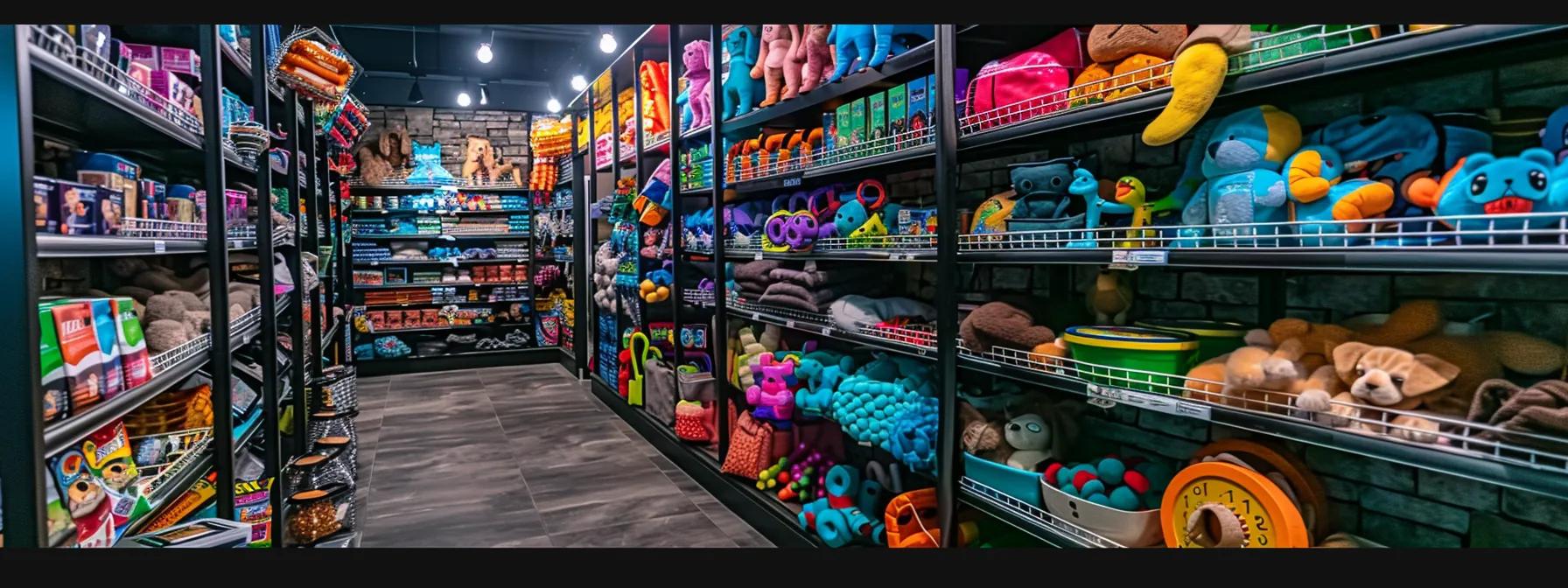 a vibrant pet supply store display showcases a variety of chew toys made from different materials, highlighting options for puppies and aggressive chewers in an inviting, well-organized manner.