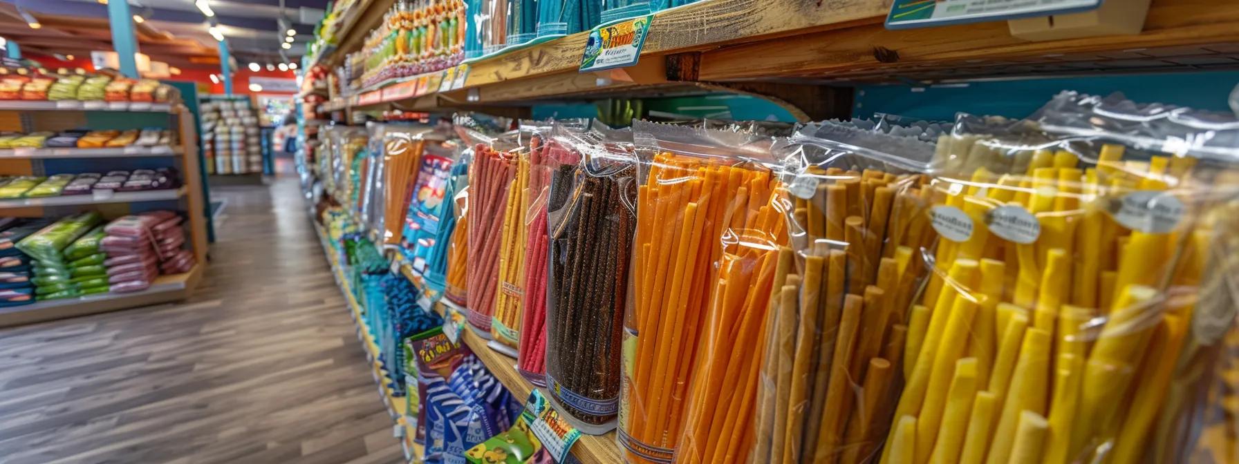 a vibrant pet supply store interior showcases a variety of colorful, neatly arranged bully sticks in eye-catching packaging, highlighting their role as a healthy and enticing chew option for dogs. a vibrant pet supply store interior showcases a variety of colorful, neatly arranged bully sticks in eye-catching packaging, highlighting their role as a healthy and enticing chew option for dogs.