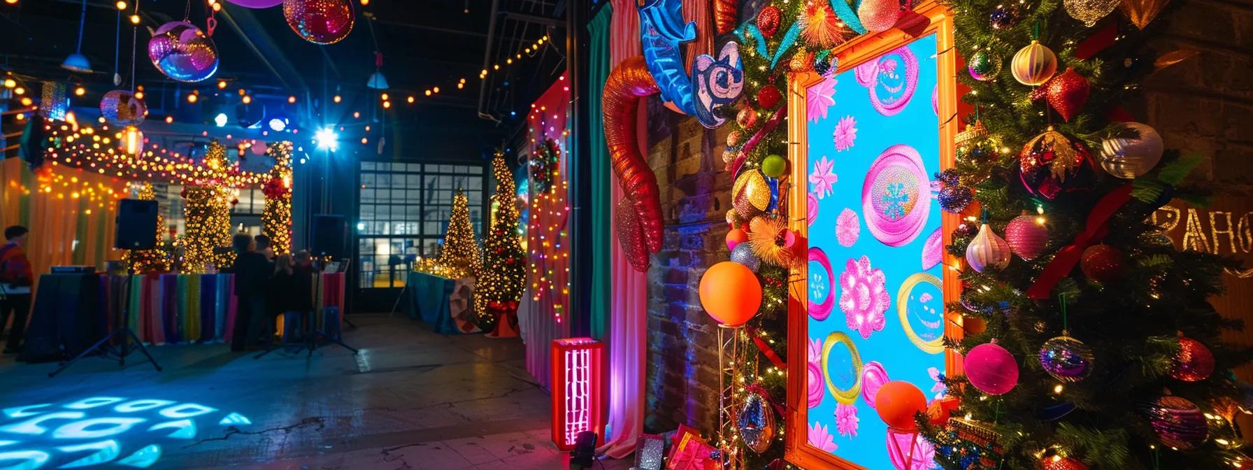 a vibrant photo booth adorned with seasonal decorations and engaging props set against the lively backdrop of an atlanta event, capturing the essence of joy and interaction among guests celebrating in style. a vibrant photo booth adorned with seasonal decorations and engaging props set against the lively backdrop of an atlanta event, capturing the essence of joy and interaction among guests celebrating in style.