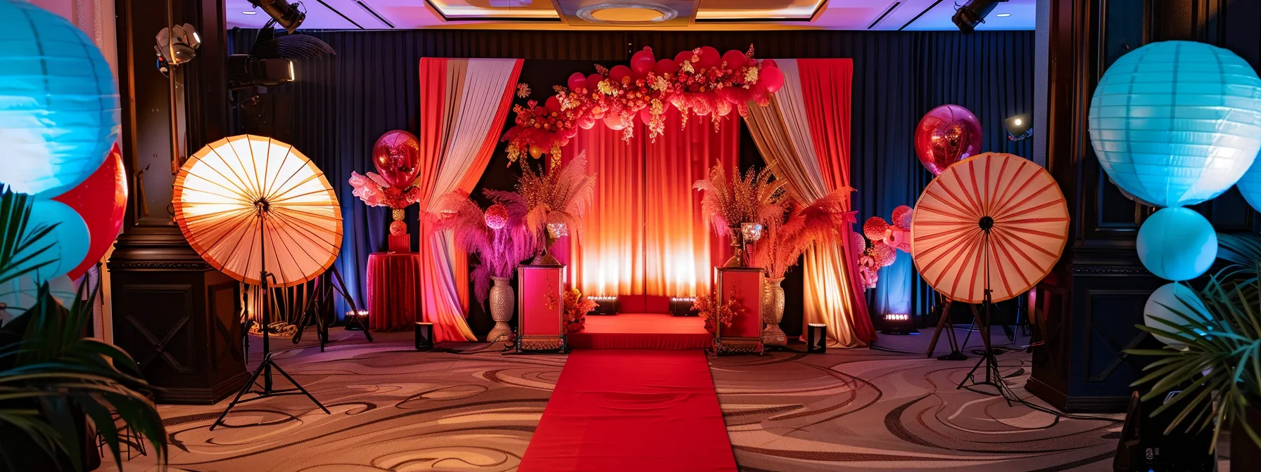 a vibrant photo booth setup featuring elegant decorations and props, with a glamorous red carpet inviting guests to capture joyful moments at an event. a vibrant photo booth setup featuring elegant decorations and props, with a glamorous red carpet inviting guests to capture joyful moments at an event.