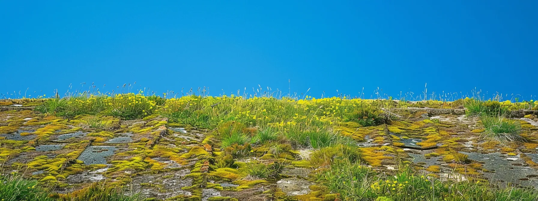 a vibrant photo showcasing a roof starkly contrasted against a clear blue sky, adorned with visible stains, flourishing green algae, and patches of moss, symbolizing the urgent need for cleaning and maintenance. a vibrant photo showcasing a roof starkly contrasted against a clear blue sky, adorned with visible stains, flourishing green algae, and patches of moss, symbolizing the urgent need for cleaning and maintenance.