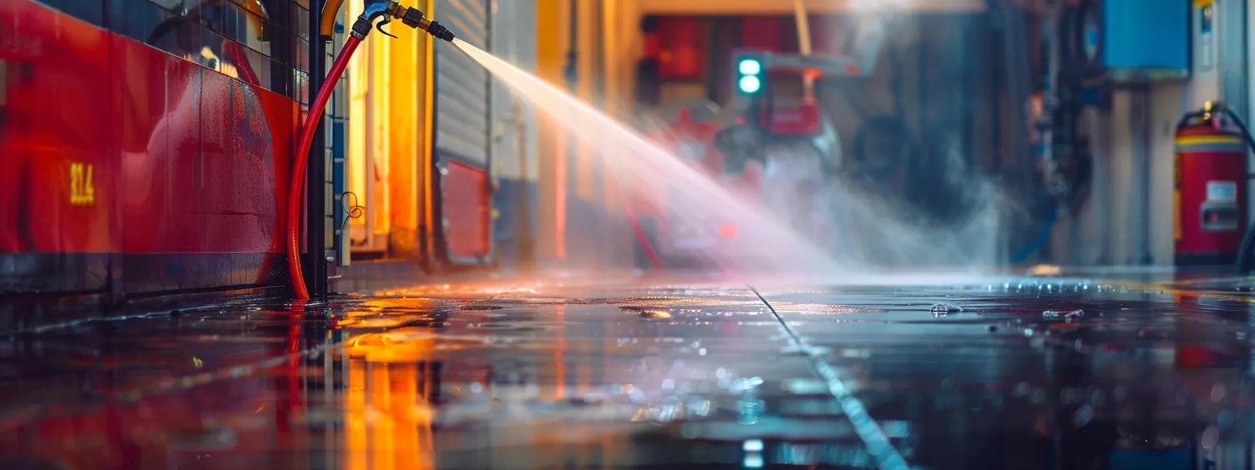 a vibrant pressure washing machine sprays a glossy surface, revealing a stark contrast between the sparkling clean area and the dull, untreated surrounding. a vibrant pressure washing machine sprays a glossy surface, revealing a stark contrast between the sparkling clean area and the dull, untreated surrounding.