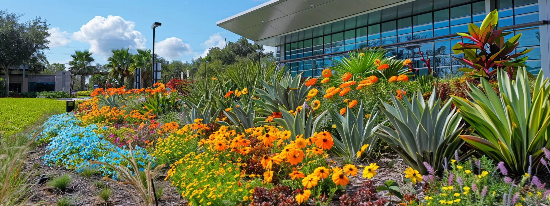 a vibrant, professionally designed urban flower bed in st. cloud, florida, showcases an array of native plants in full bloom, attracting pollinators and enhancing the urban landscape's biodiversity amidst a stylishly modern backdrop. a vibrant, professionally designed urban flower bed in st. cloud, florida, showcases an array of native plants in full bloom, attracting pollinators and enhancing the urban landscape's biodiversity amidst a stylishly modern backdrop.