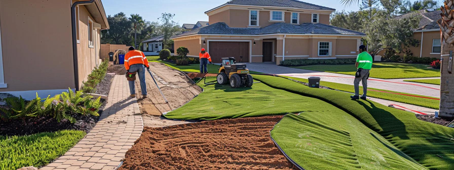 a vibrant, professionally staged scene showcasing a team of landscaping experts installing lush sod in a well-designed residential yard in orlando, florida, highlighting the precise attention to detail and transparent pricing with clear, neatly displayed project documentation in the foreground to instill client confidence and trust. a vibrant, professionally staged scene showcasing a team of landscaping experts installing lush sod in a well-designed residential yard in orlando, florida, highlighting the precise attention to detail and transparent pricing with clear, neatly displayed project documentation in the foreground to instill client confidence and trust.