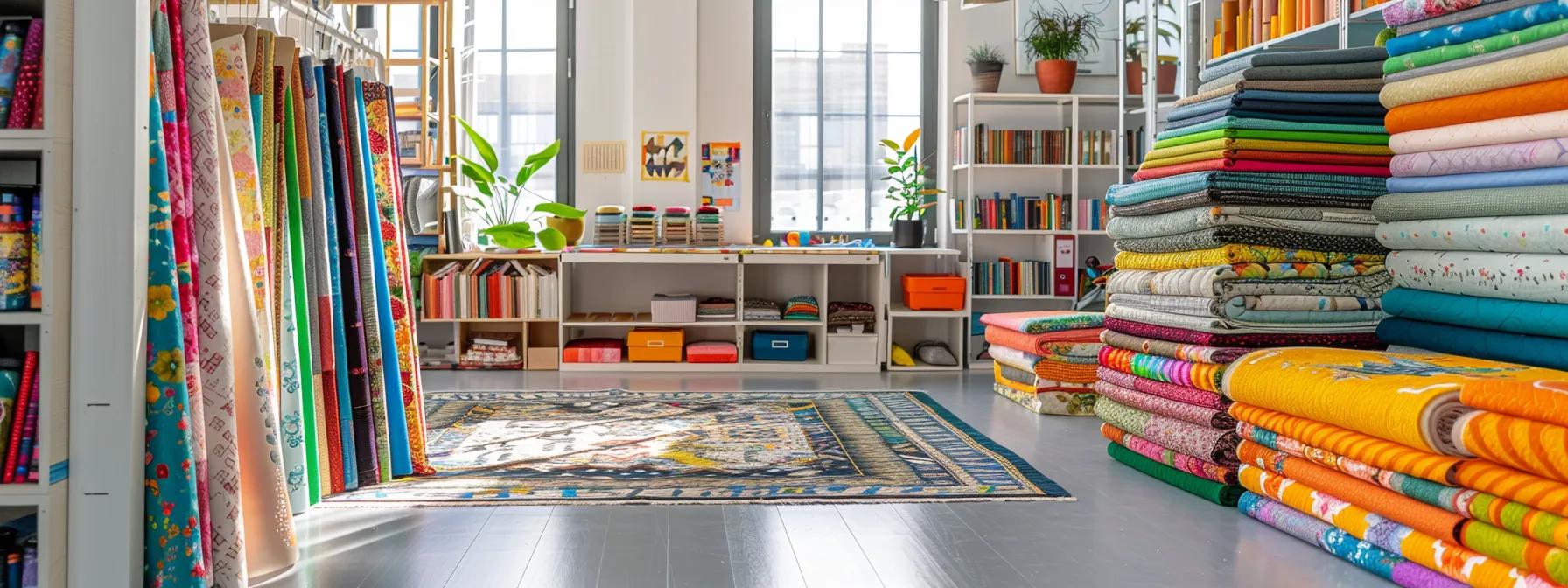 a vibrant quilting studio is filled with colorful quilt fabrics, neatly organized precuts, cutting mats, and various quilting tools, showcasing quilters following clear, progressive instructions as they meticulously assemble blocks with precision and confidence.