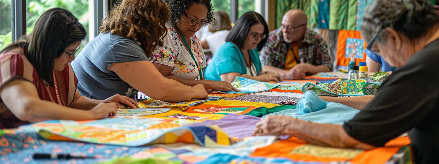 a vibrant quilting workshop filled with colorful fabric kits and cheerful participants of all ages collaborating joyfully around a large table cluttered with cutting mats, scissors, and templates, showcasing the process of creating intricate quilt blocks and celebrating the shared experience.
