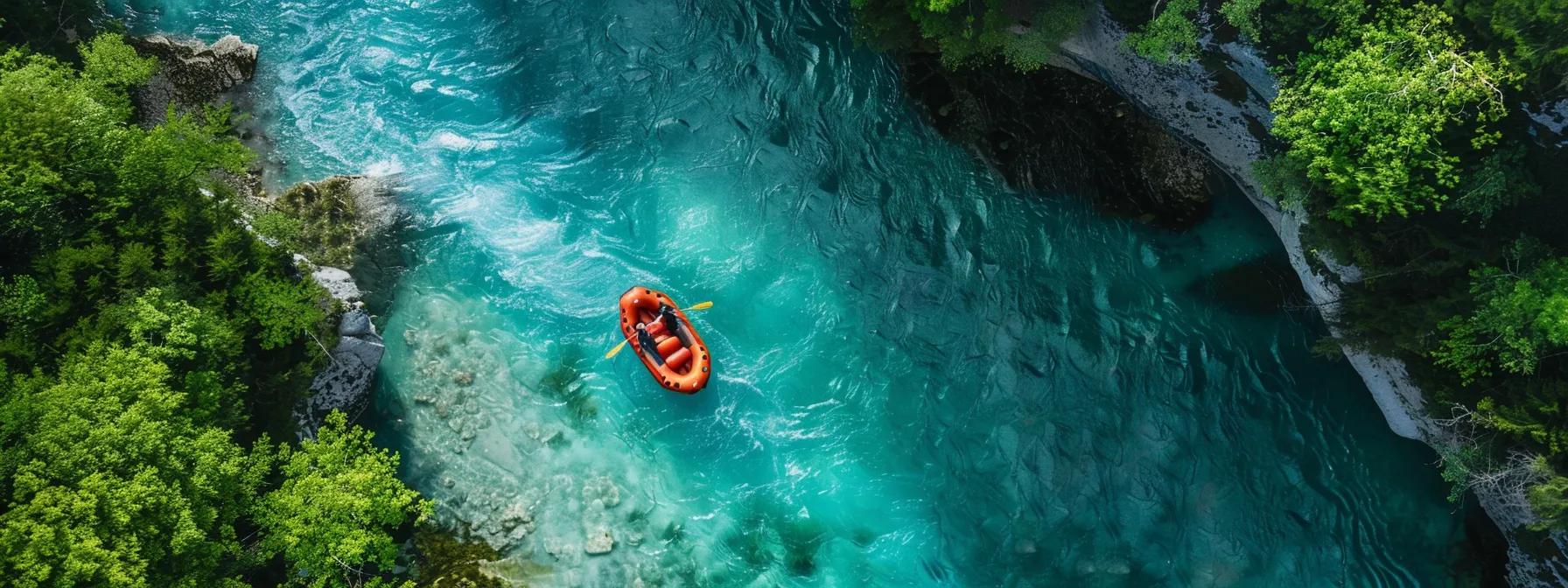 a vibrant raft glides through the sparkling turquoise waters of a rushing river, surrounded by lush green forests and towering cliffs, inviting beginners to embrace the thrill of whitewater adventure.