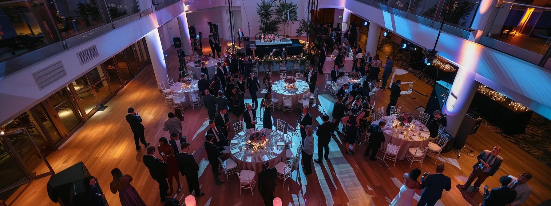 a vibrant reception hall bustling with activity, showcasing elegantly arranged tables with gourmet dishes, a lively dj setup, and a professional photographer capturing joyful guests dancing and celebrating, all under modern ambient lighting that enhances the festive atmosphere.