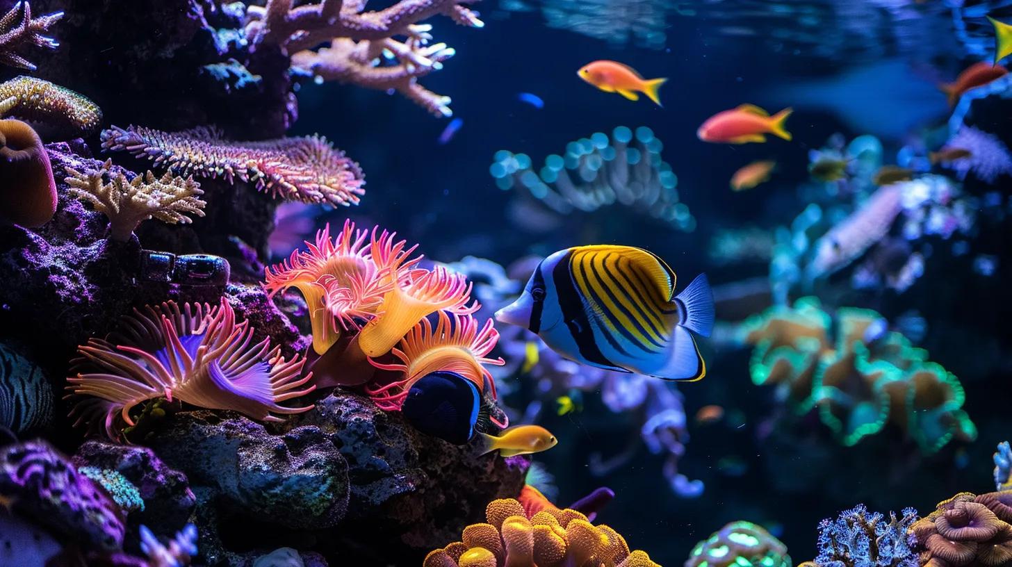 a vibrant reef aquarium filled with colorful saltwater fish, intricate coral structures, and crystal-clear water, all illuminated by soft, artificial lighting that enhances the vivid hues of the marine life.