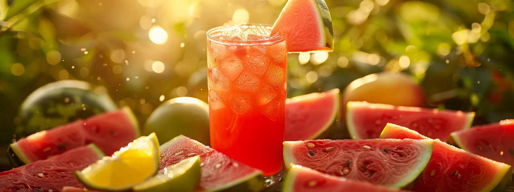 a vibrant, refreshing scene featuring a glass of bright watermelon-flavored electrolyte drink surrounded by lush slices of watermelon and vitamin c-rich citrus fruits, illuminated by warm sunlight to evoke a sense of vitality and hydration.