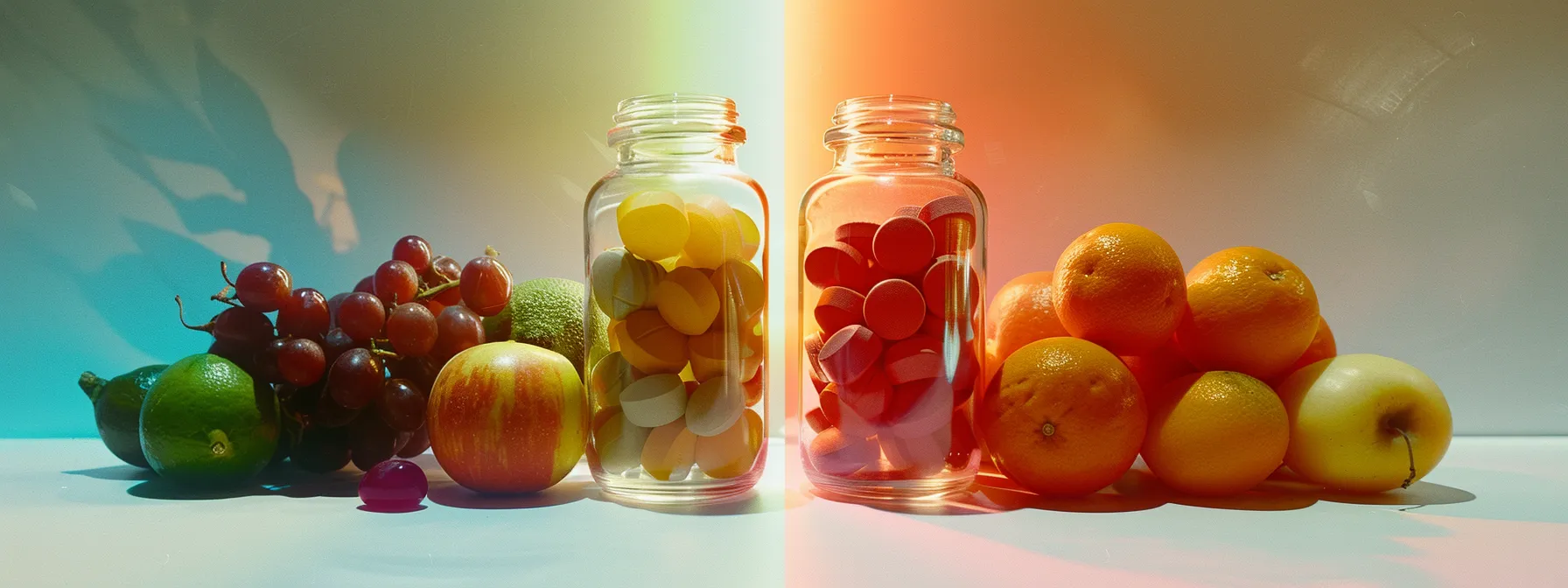 a vibrant, refreshing scene of colorful fruits and vegetables alongside vitamin supplements, symbolizing the essential connection between vitamins and electrolyte balance for optimal hydration and health.