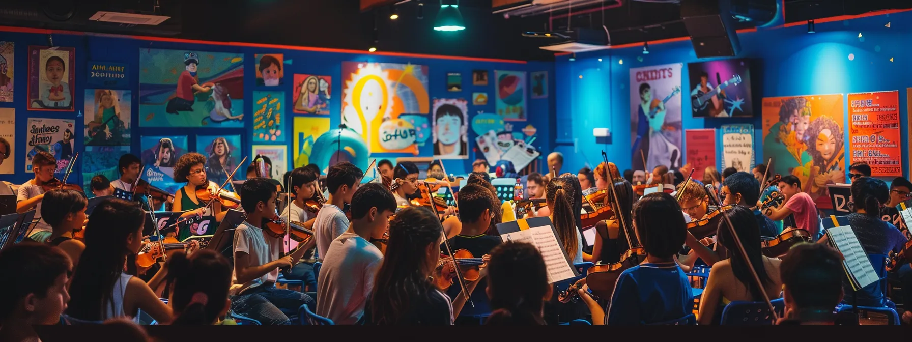 a vibrant rehearsal space filled with enthusiastic young musicians passionately playing their instruments, surrounded by colorful posters of classical composers and summer camp schedules on the walls, illuminated by bright studio lights.